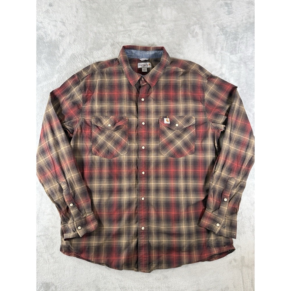 Carhartt‎ Shirt Mens XL Red Plaid Rugged Flex Bozeman Relaxed Fit Pearl Snap